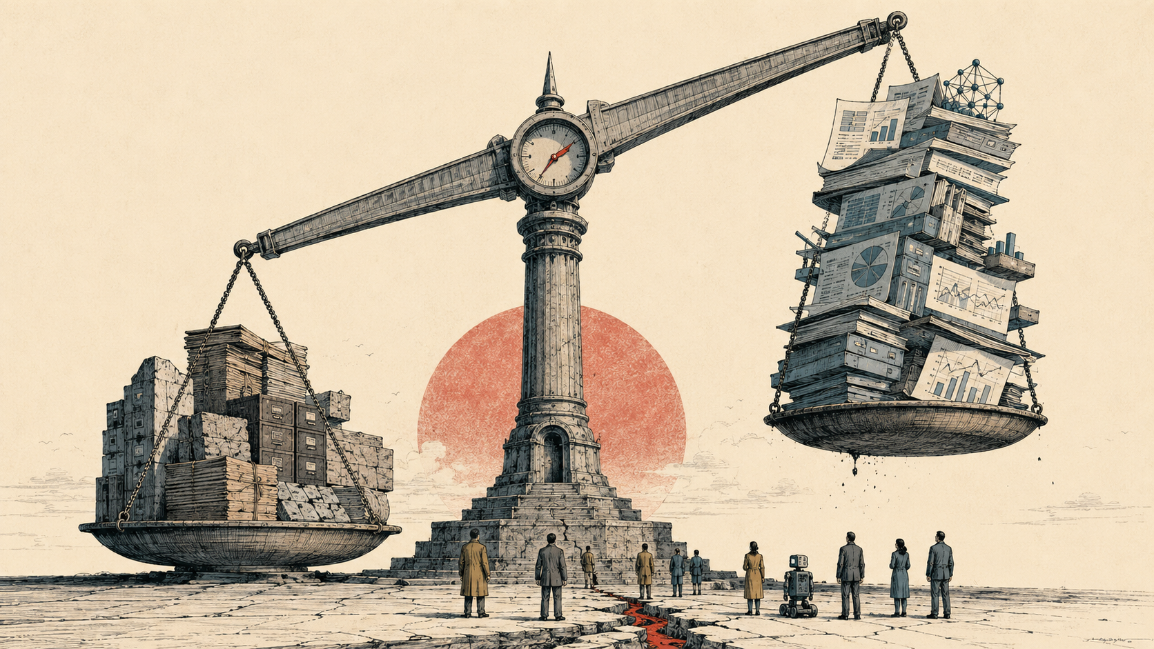 A balance scale weighing a stack of documents against time, as people and a robot look on