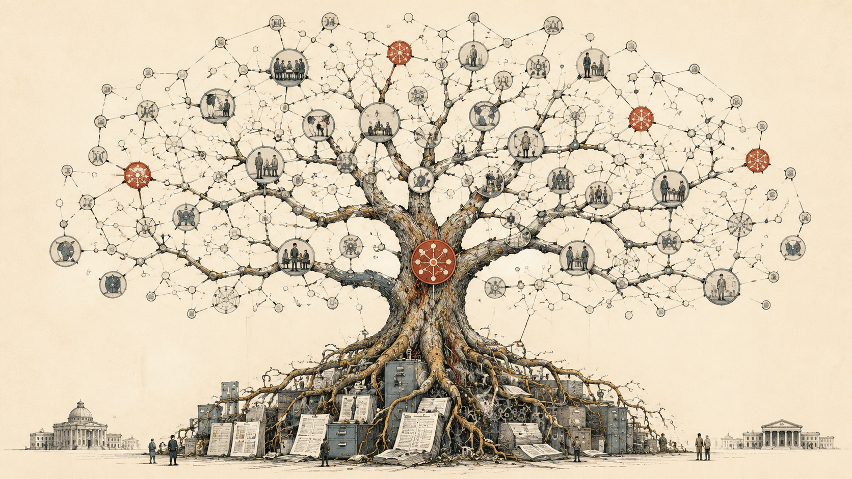 A great tree as a network of connected nodes, rooted in filing cabinets and documents