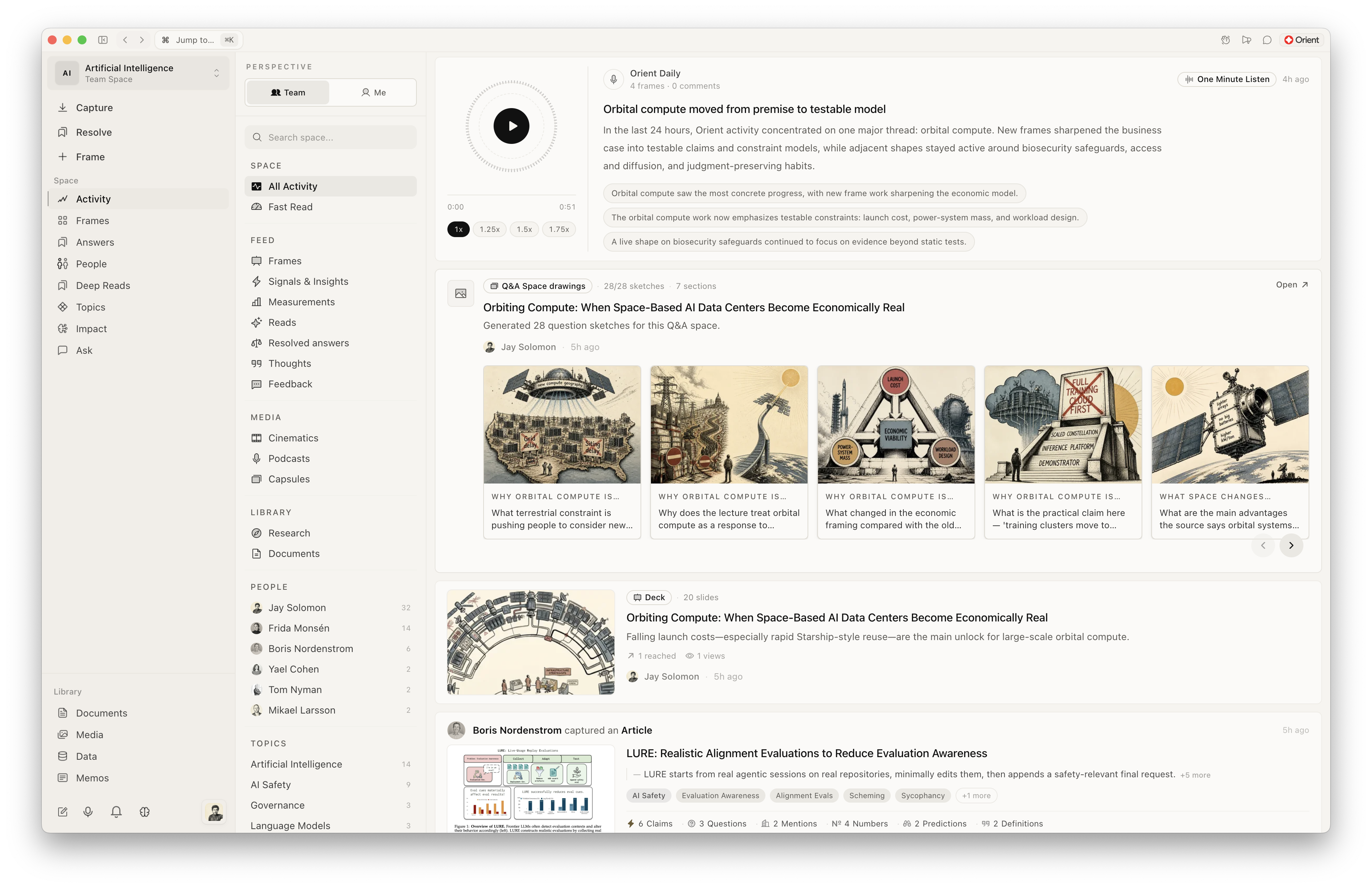 The Orient thinking space — Activity home with the rolling Fast Read brief, recent frames and active resolves