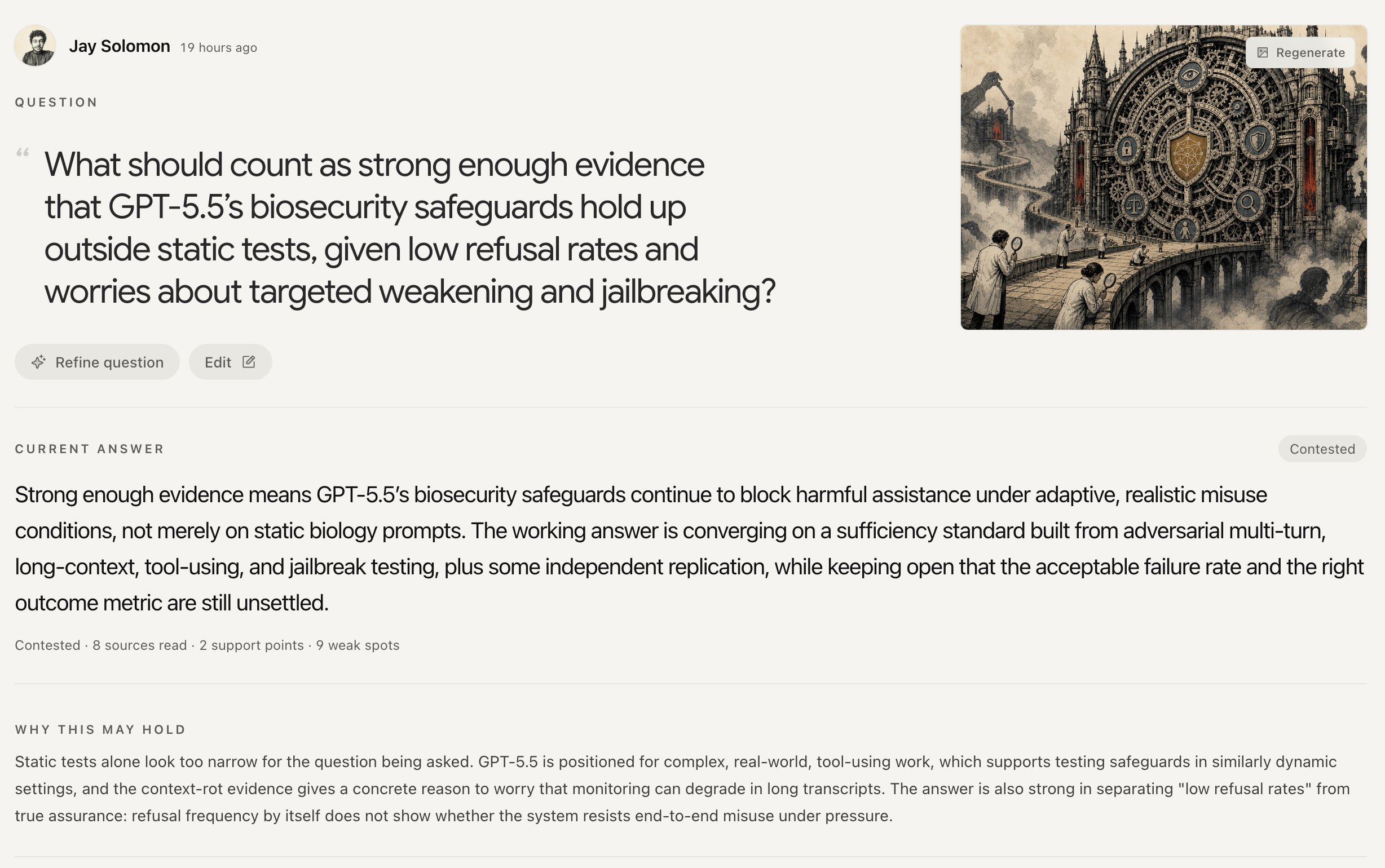 Resolve view — a question resolved into a current answer, showing sources read, support points and weak spots